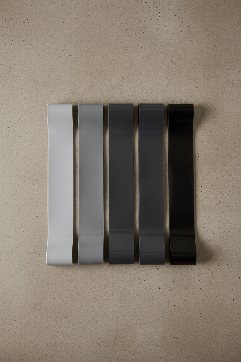 5 latex resistance bands flat lay on grey concrete