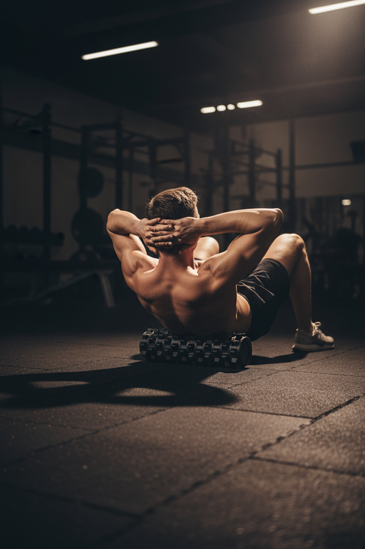 Person lying on foam roller on gym floor upper back